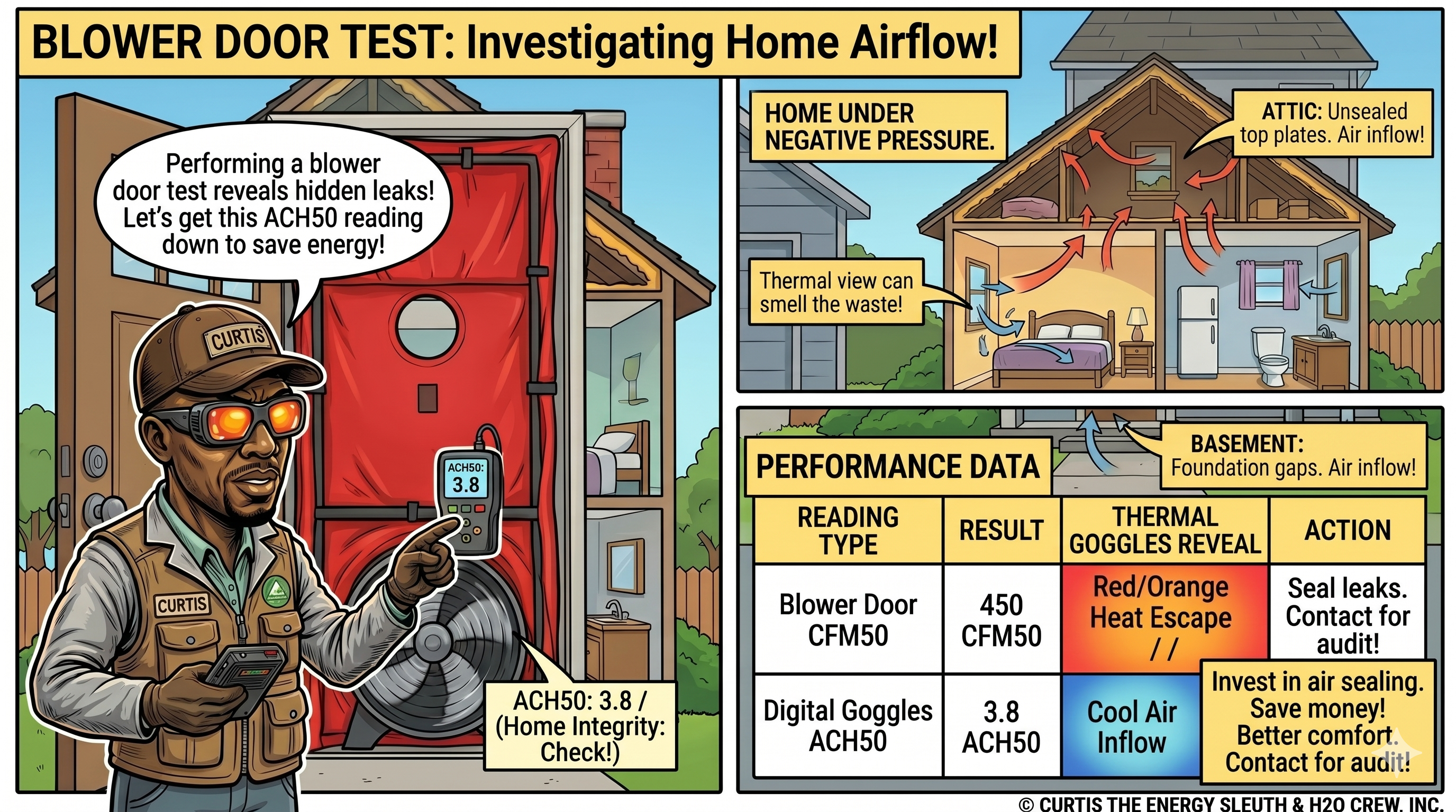 Blower Door Test 101 comic-style guide showing Curtis running a blower door test and reading thermal goggles