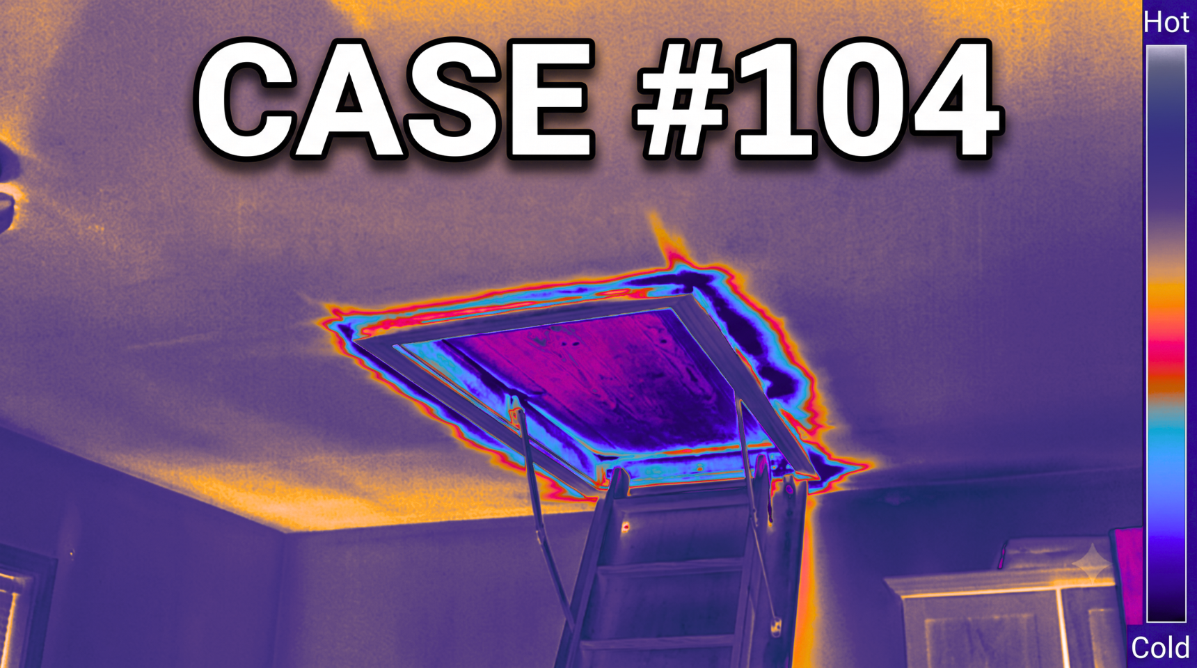 Thermal scan of Case #104 attic access hatch showing heat loss around the frame