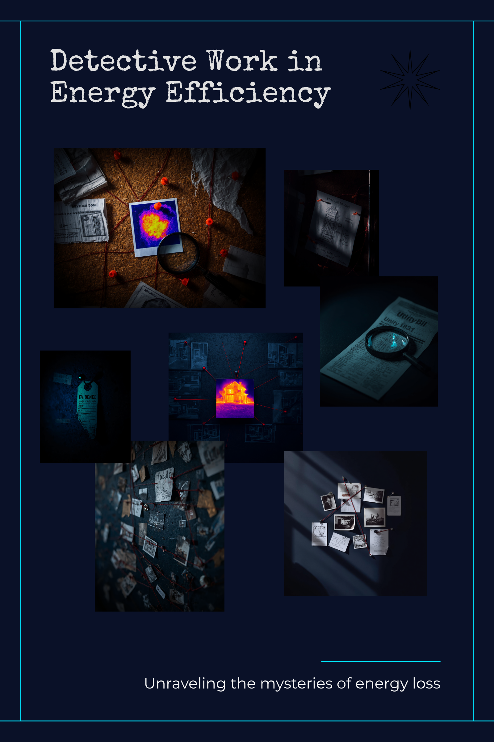 Evidence corkboard for Case File #001 — thermal scan, marked utility bill, and floor plan pinned with red string