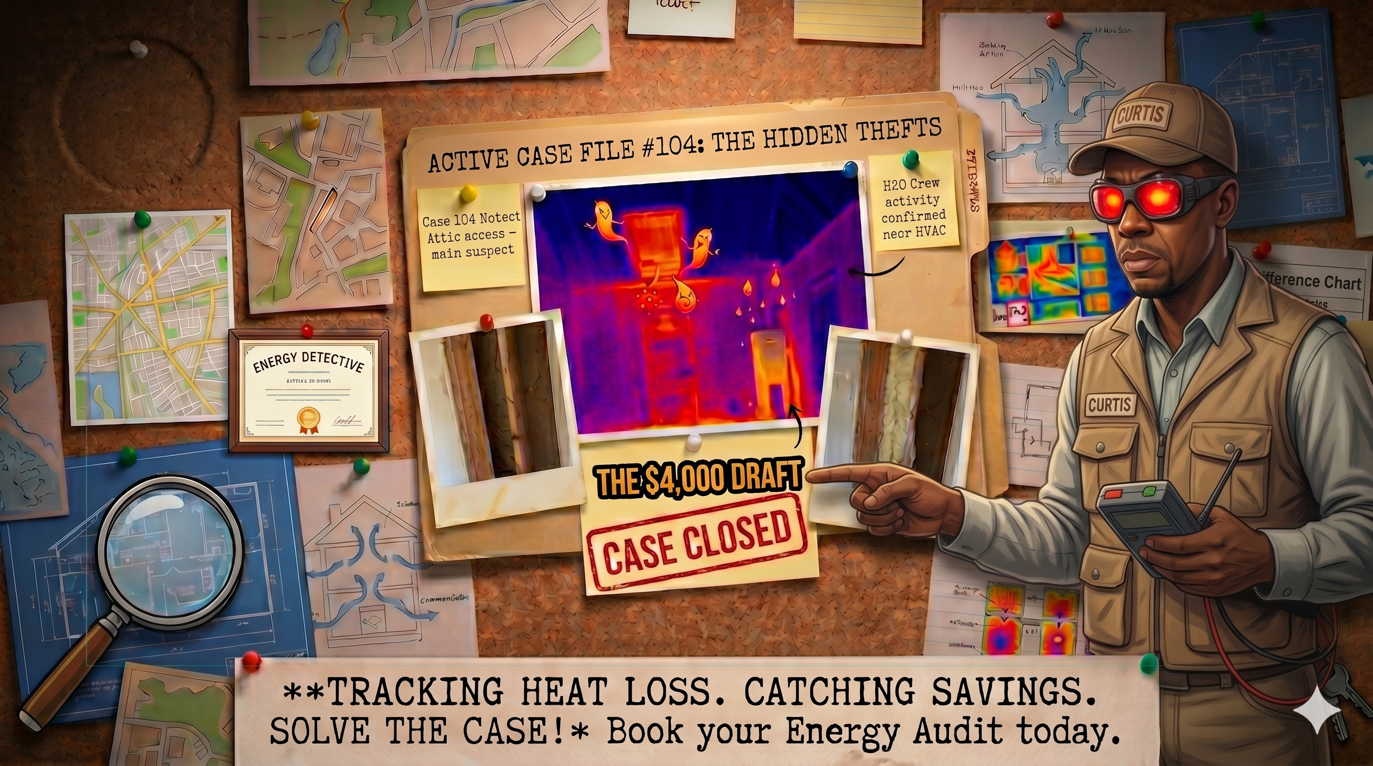 The Energy Sleuth evidence board — case files, thermal photos, and clues pinned together